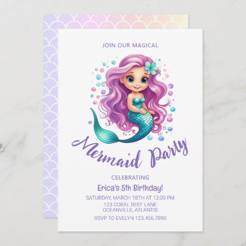 Pastel Little Mermaid Watercolor Girl Birthday Invitation