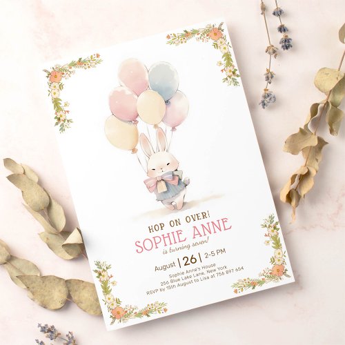  Pastel little rabbit balloons 7th birthday Invitation