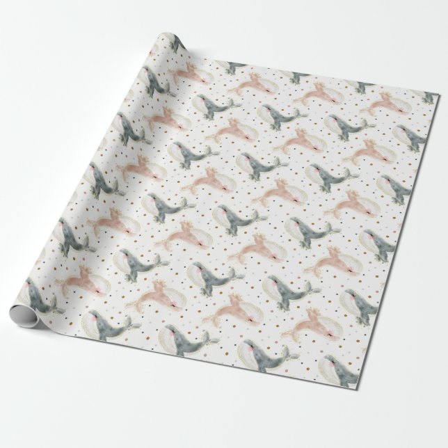 Pastel Little Whale Gender Neutral and Polka Dots Wrapping Paper (Unrolled)