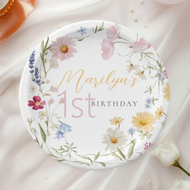 Pastel Little Wildflower Girl 1st Birthday Paper Plates (Creator Uploaded)