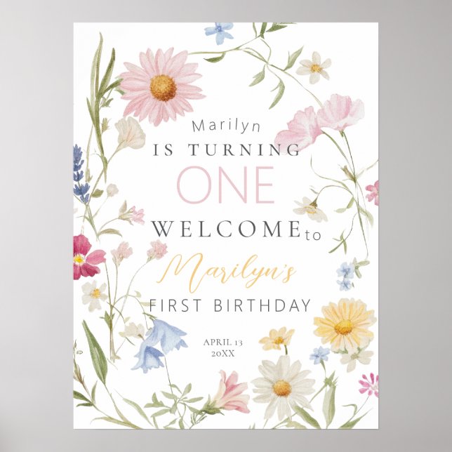 Pastel Little Wildflower Girl 1st Birthday Welcome Poster (Front)