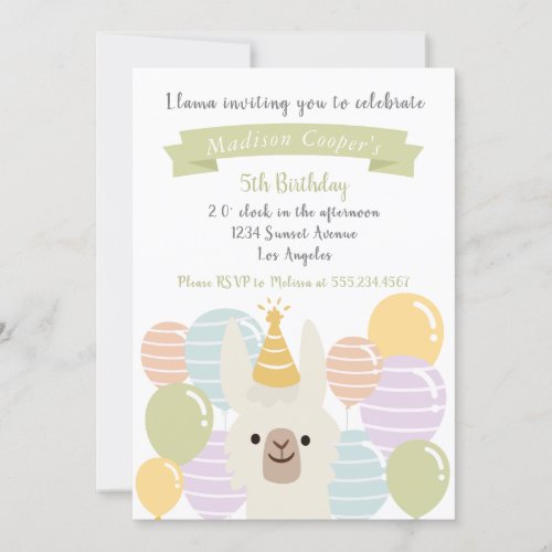 Pastel Llama and Balloons Birthday Invitation