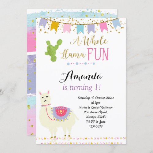 Pastel Llama cactus First Birthday Invitation card