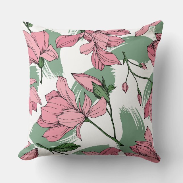 Pastel look ink drawing Magnolia sage green pink   Throw Pillow (Front)