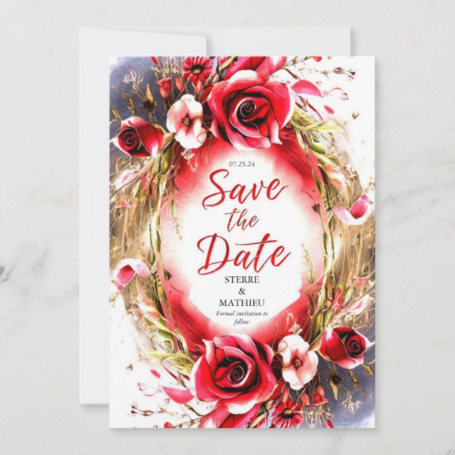 Pastel Love Crimson Red Roses Wedding Save The Date (Front)