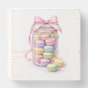 Pastel Macaron Jar with Pink Bow Watercolor Art   Wooden Box Sign