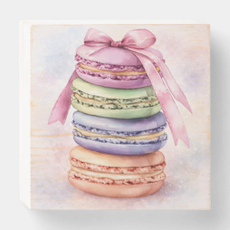 Pastel Macaron Stack with Pink Bow Watercolor Art  Wooden Box Sign