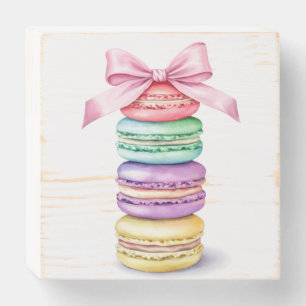 Pastel Macaron Stack with Pink Bow Watercolor Art  Wooden Box Sign