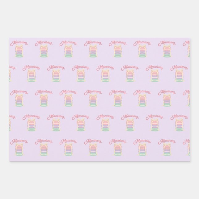 Pastel Macarons Cute Bakery Pattern Purple Wrapping Paper Sheets (Front)