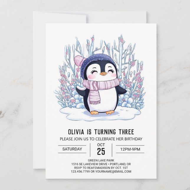 Pastel Magical Penguin Digital Birthday Invitation (Front)