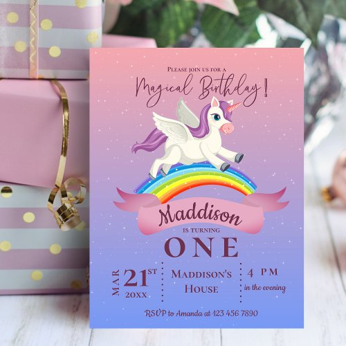 Pastel Magical Unicorn Themed Birthday Invitation Postcard