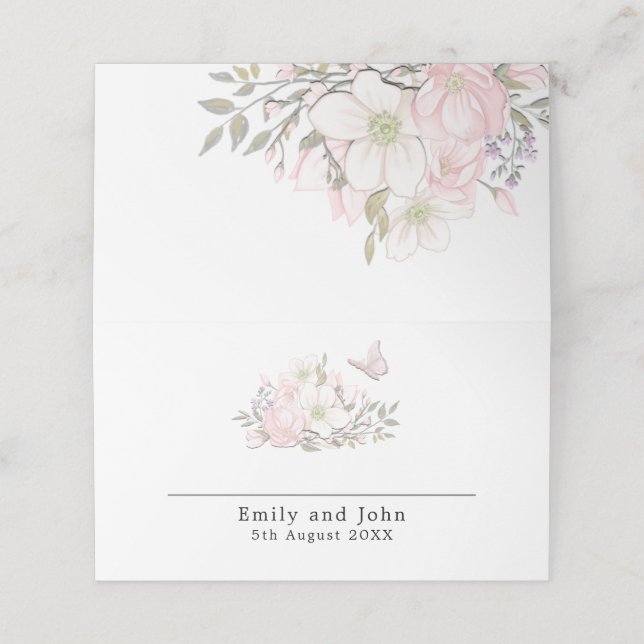 Pastel Magnolias Butterfly Names Date Wedding Place Card (Outside Unfolded)