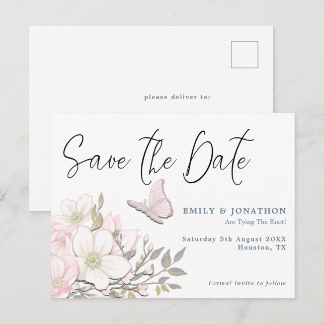Pastel Magnolias Butterfly Wedding Save The Date Postcard (Front/Back)