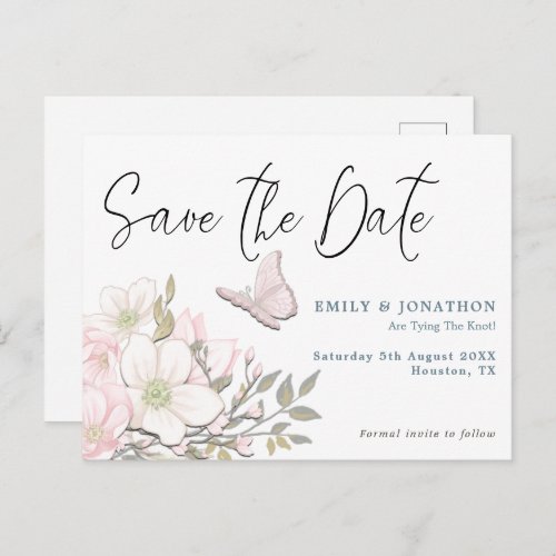 Pastel Magnolias Butterfly Wedding Save The Date Postcard