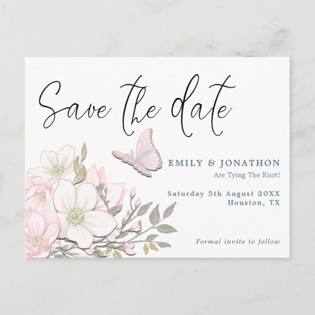 Pastel Magnolias Butterfly Wedding Save The Date Postcard (Front)