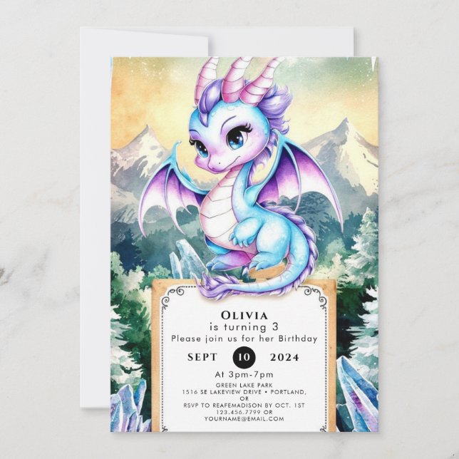 Pastel Majestic Cute Dragon Birthday Invitation (Front)