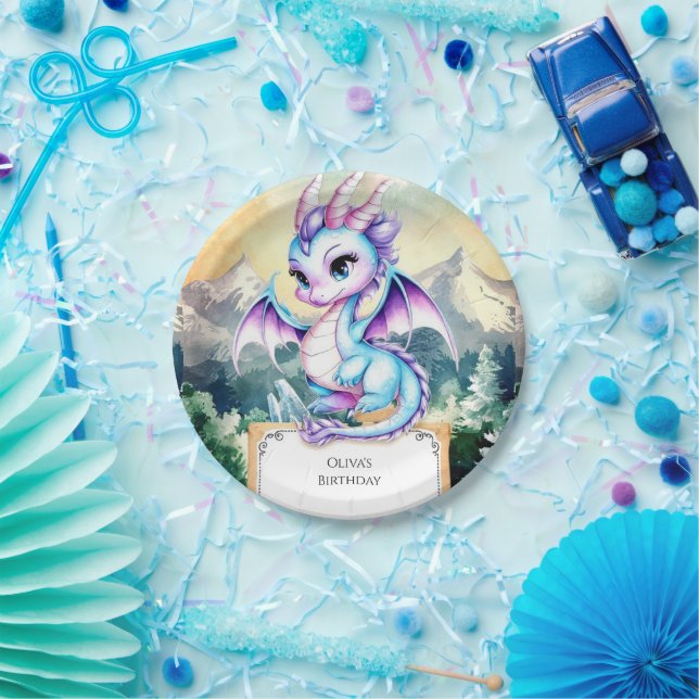 Pastel Majestic Cute Dragon Birthday Paper Plates (Party)