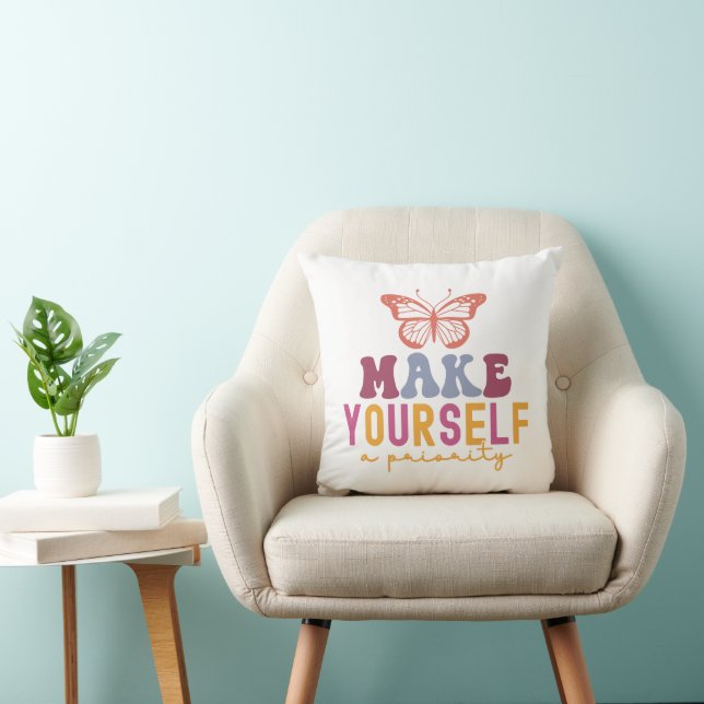 Pastel "Make Yourself a Priority" Self Care Throw Pillow (Chair)