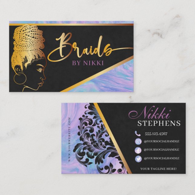 Pastel Marble and Gold Modern Hair Braiding Salon  Business Card (Front/Back)