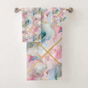PASTEL MARBLE GOLD GRID DESIGN BATH TOWEL SET