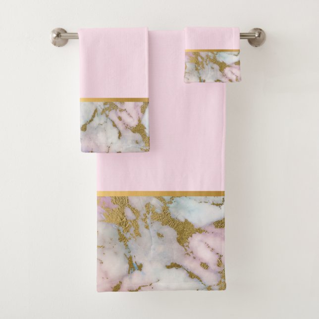 PASTEL MARBLE GOLD PINK BATHROOM TOWEL SET (Insitu)