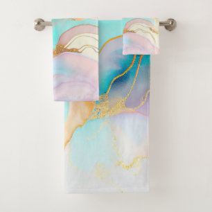 Pastel marble ink abstract glitter art bath towel set