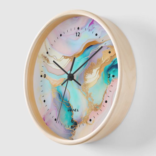 Pastel marble ink abstract glitter art clock