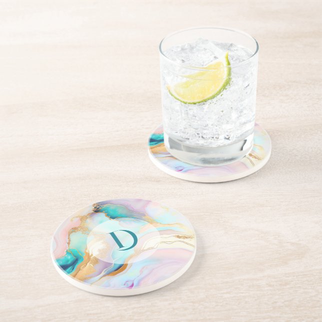 Pastel marble ink abstract glitter art coaster (Side)