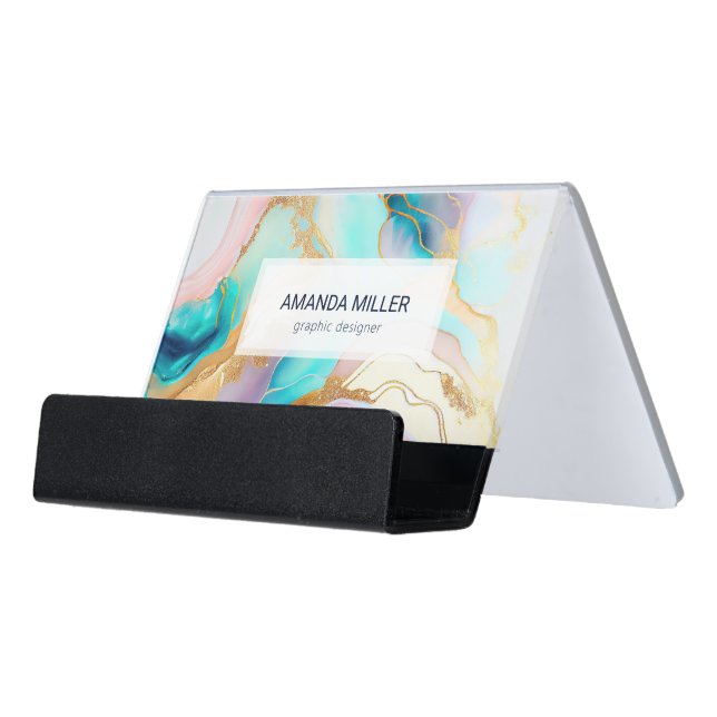 Pastel marble ink abstract glitter art desk business card holder (Angled Front)