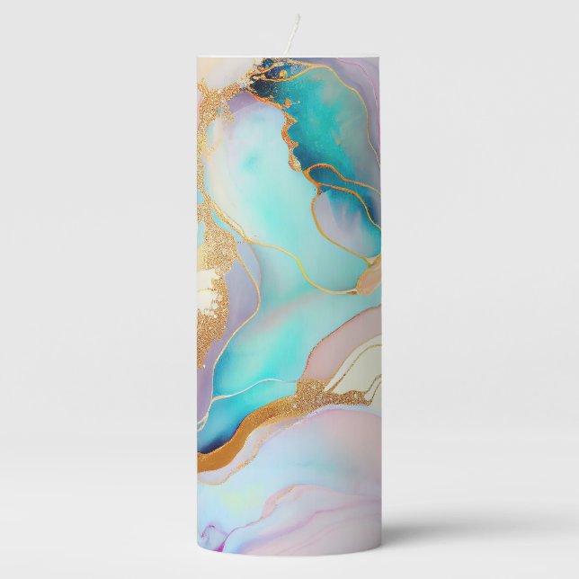 Pastel marble ink abstract glitter art pillar candle (Front)