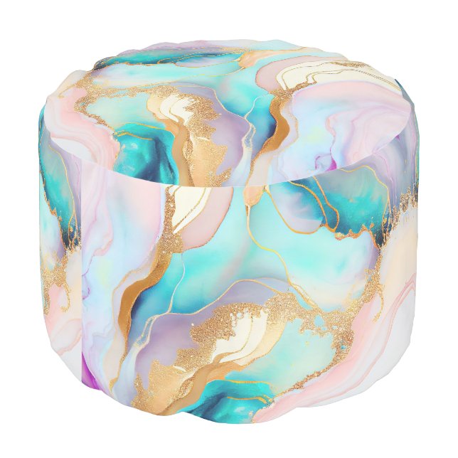 Pastel marble ink abstract glitter art pouf (Angled Back)