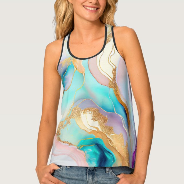 Pastel marble ink abstract glitter art tank top (Front)