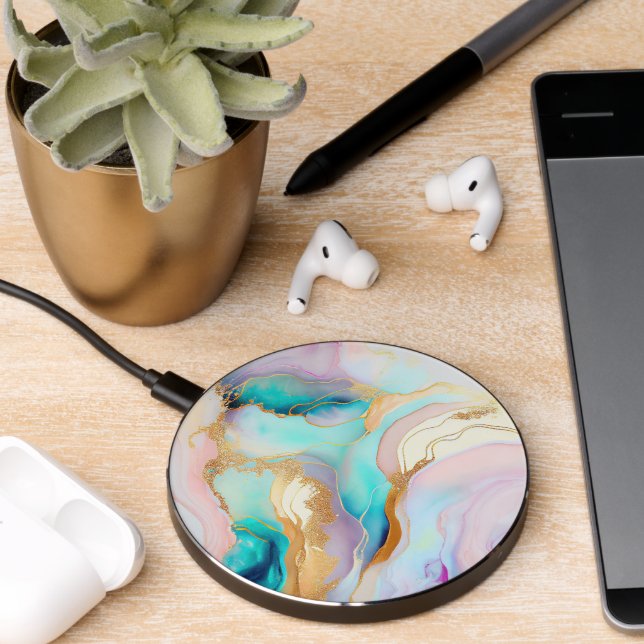 Pastel marble ink abstract glitter art wireless charger  (Desk 2)