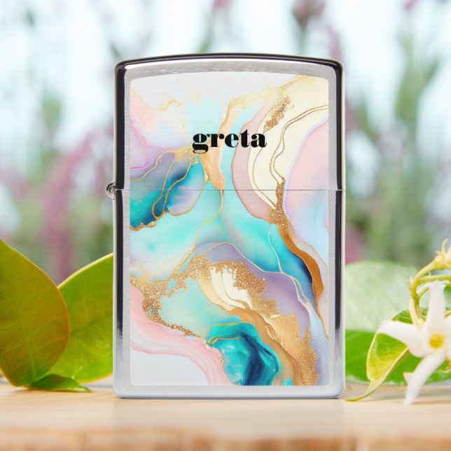 Pastel marble ink abstract glitter art zippo lighter (On Table)