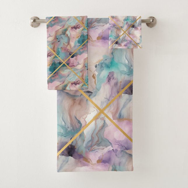 PASTEL MARBLE PURPLE GRID DESIGN BATH TOWEL SET (Insitu)