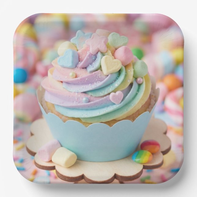 Pastel Marshmallow Rainbow Cupcake Birthday Paper Plates (Front)