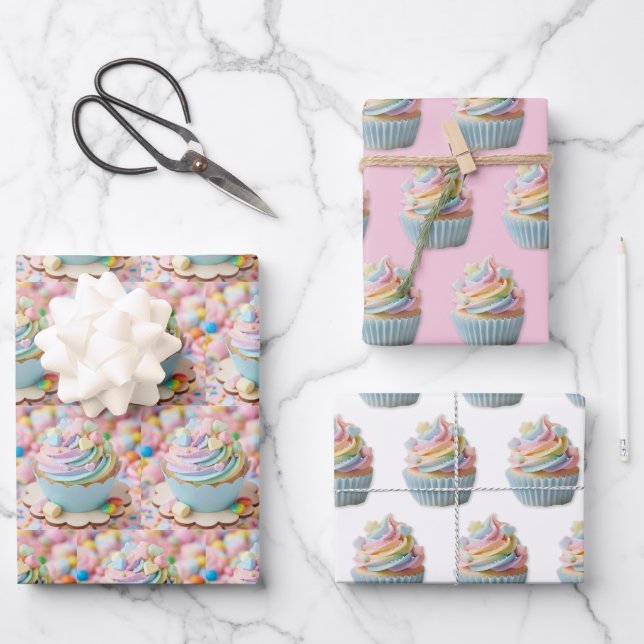 Pastel Marshmallow Rainbow Cupcake Birthday Wrapping Paper Sheets (Front)