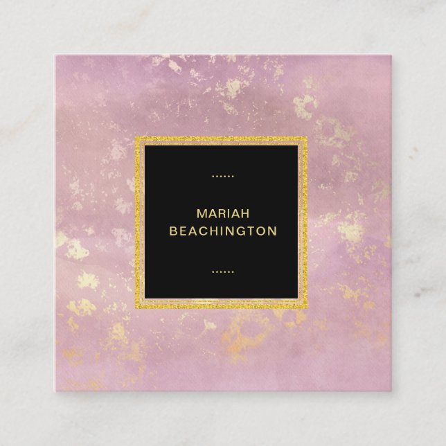 *~* Pastel Mauve Abstract Gold Flake Glitter Square Business Card (Front)