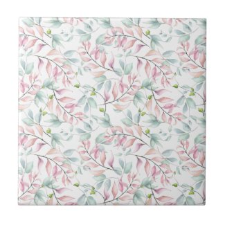 Pastel Mauve and Sage Dancing Leaves Ceramic Tile