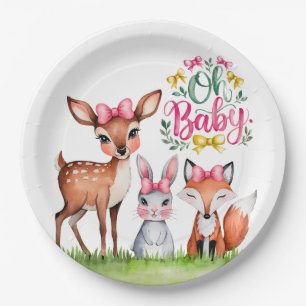 Pastel Meadow Companions: Oh Baby Girl Baby Shower Paper Plates