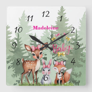 Pastel Meadow Companions: Oh Baby Girl Baby Shower Square Wall Clock