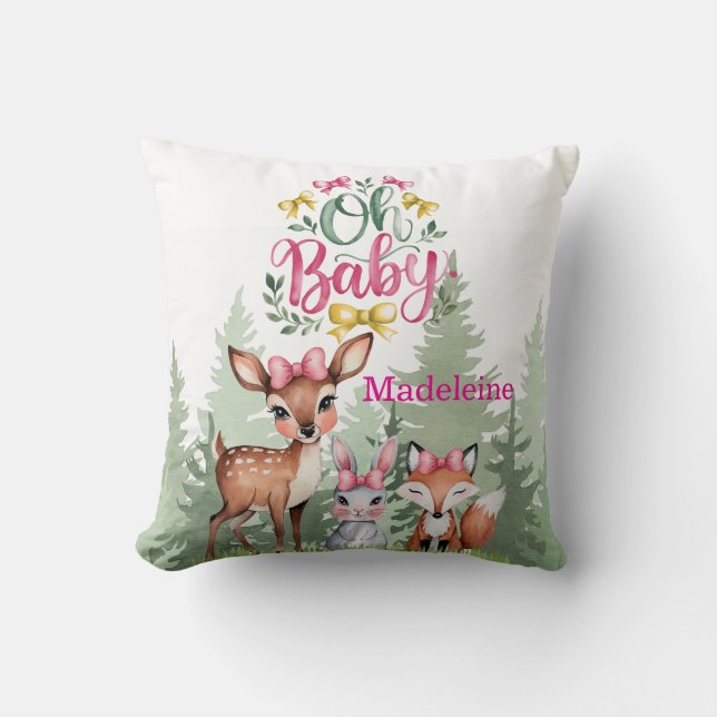Pastel Meadow Companions: Oh Baby Girl Baby Shower Throw Pillow (Front)