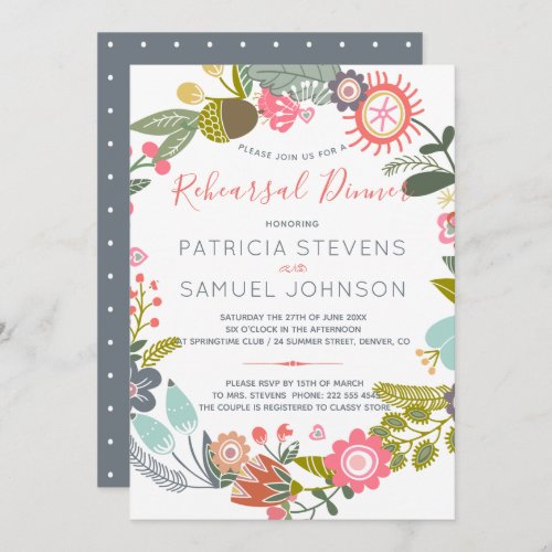 Pastel meadow wildflowers wreath rehearsal dinner invitation