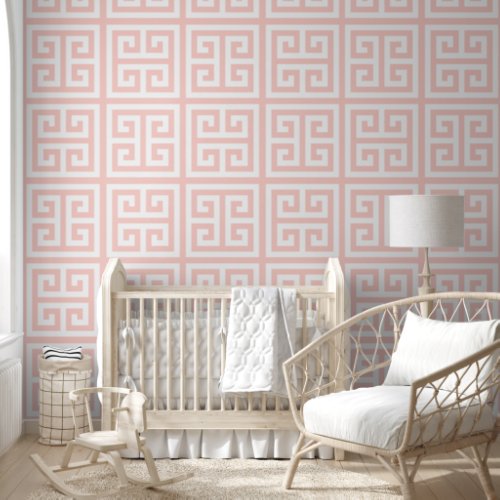 Pastel Melon and White Large Greek Key Wallpaper