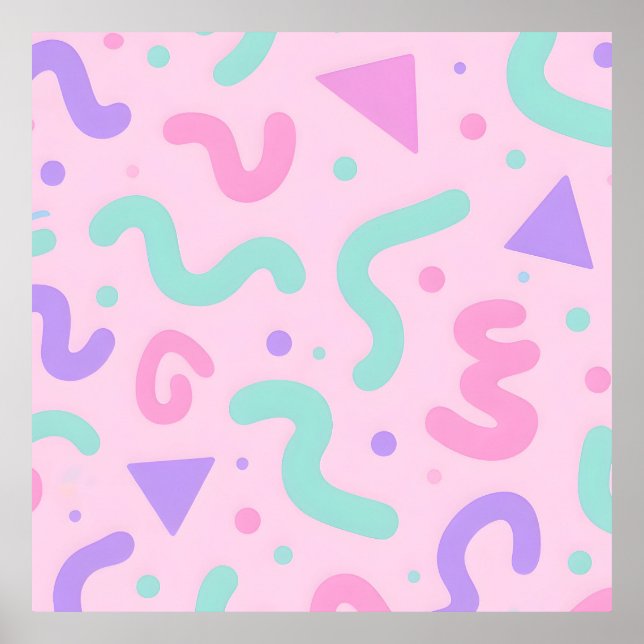 Pastel Memphis Squiggle Geometric Playful Retro  Poster (Front)