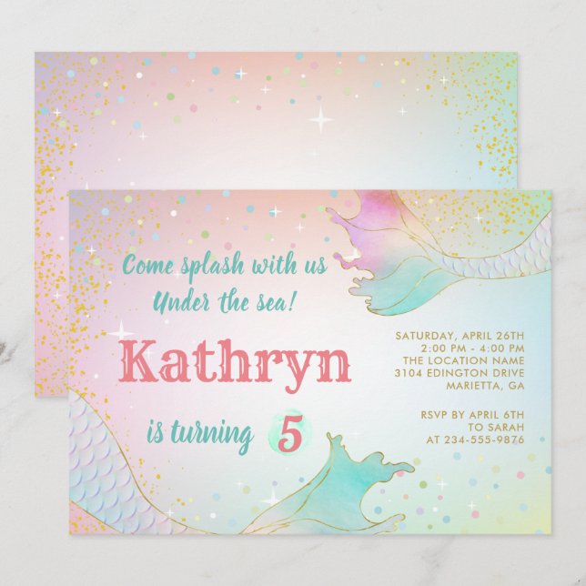 Pastel Mermaid Birthday Invitation Under The Sea (Front/Back)