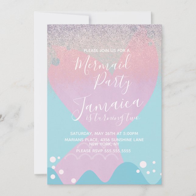 Pastel Mermaid Faux Glitter Birthday Party   Invitation (Front)