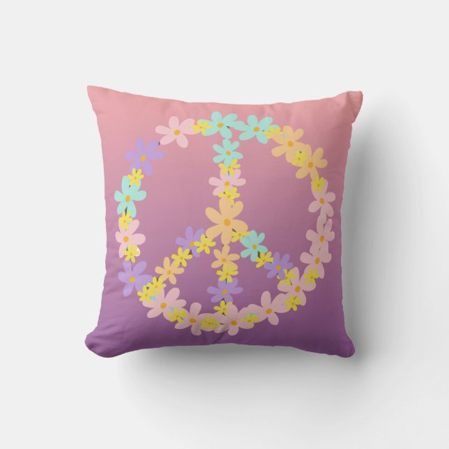 Pastel Mermaid Gradient Floral Hippie Peace Sign  Throw Pillow (Front)