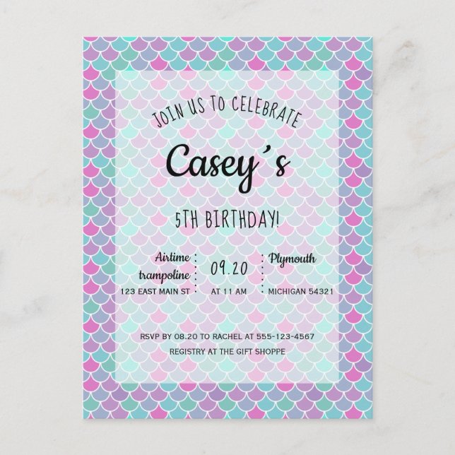 Pastel mermaid scales party invitation postcard (Front)