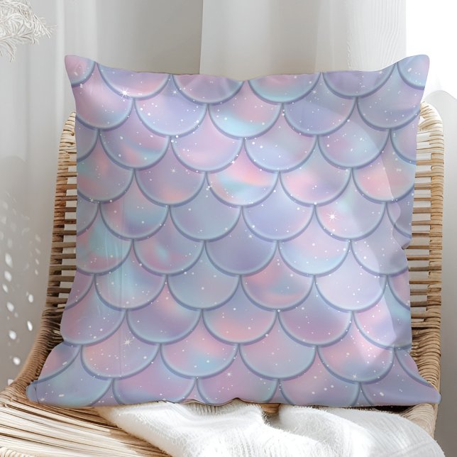 Pastel Mermaid Scales Throw Pillow (Lilac Holographic Mermaid Scales Throw Pillow in a sunny rattan armchair.)